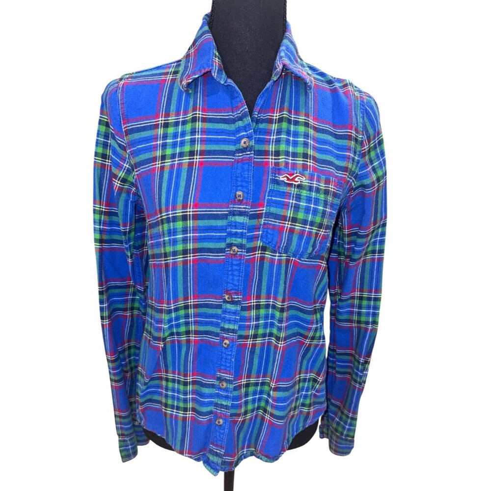 Vintage 90s Y2K Hollister Womens M Blue Plaid Button-Down L/S Logo Cotton Shirt